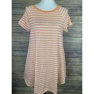 Umgee Womens Small Striped Dress Rounded Hem Peach White Short Sleeve Stretchy